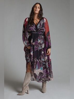 Anthropologie Let Me Be Floral Midi Dress in Black Size L